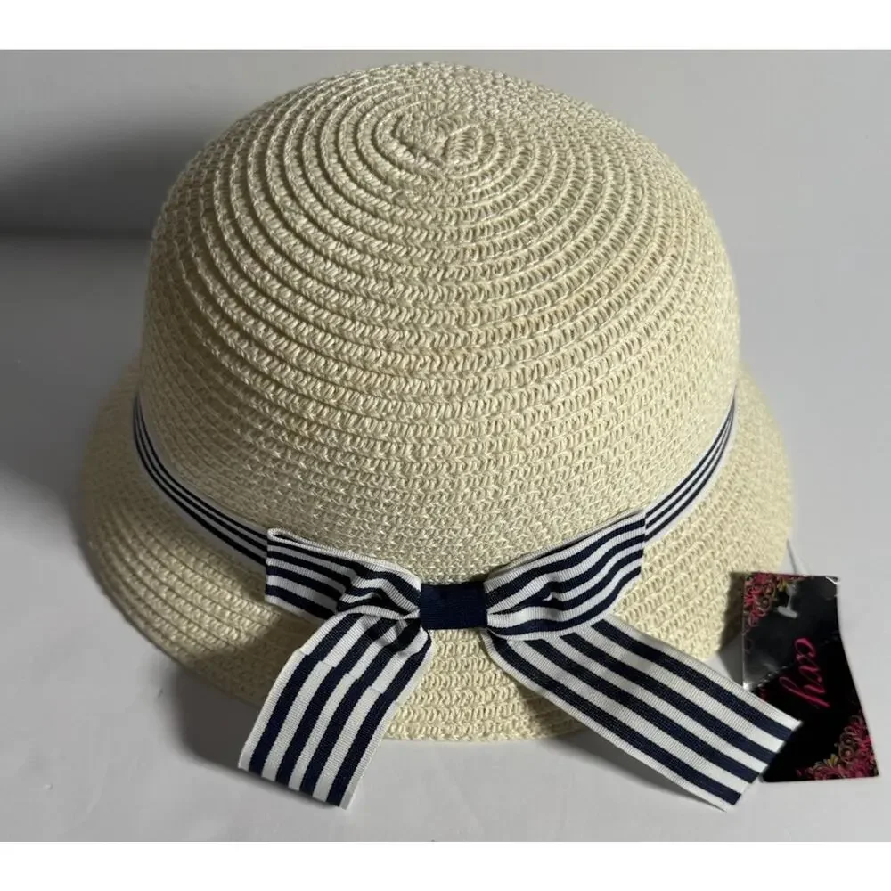 CXY Women’s Straw Sun Hat Cream Navy Striped Bow Cloche Bucket NWT